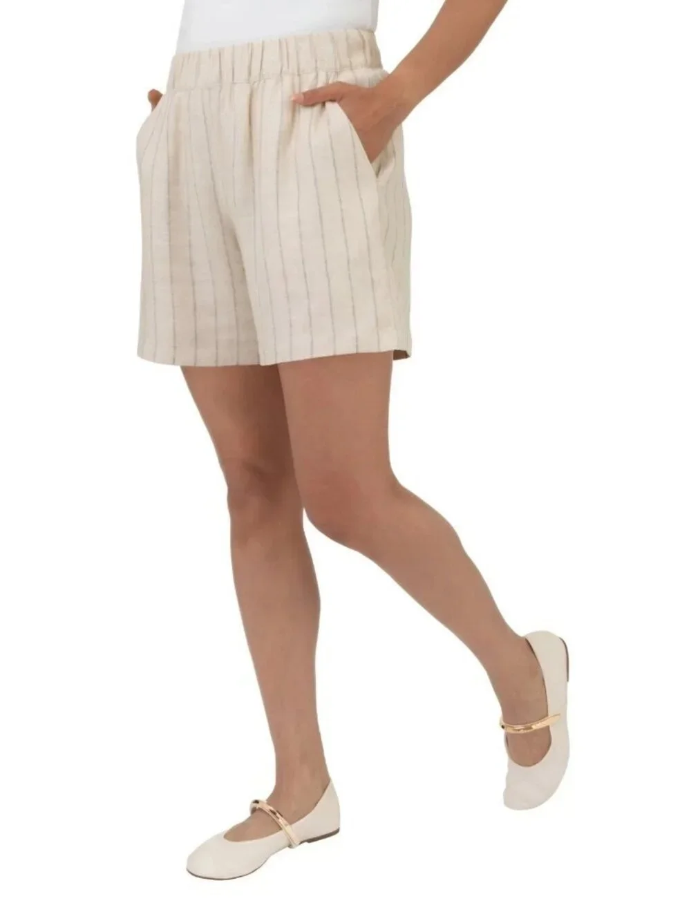 NWOT Blanknyc Women's S Linen-Blend Striped Beige Shorts Elastic Waist B0666